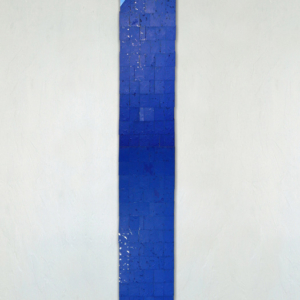 An abstract image in dark and light blue; ten feet high by 18 inches wide.