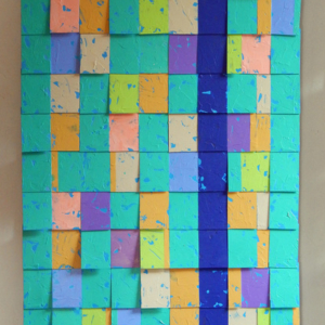 An abstract image painted on tiles. Various pastel like colors of teal, purple, blue, green, and orange with a bold dark blue stripe. near the right side.