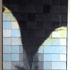 An abstract image painted on tiles of a tornado.