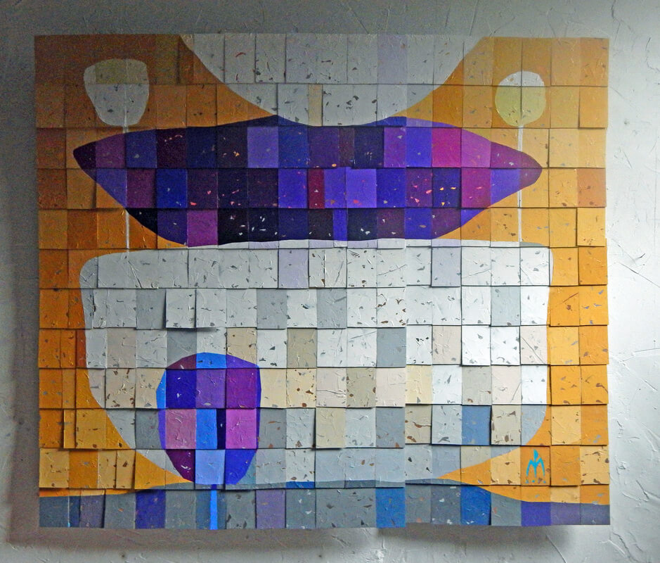 An abstract tiled mixed media piece depicting a psychic's table in oranges, off-whites, blues, and purples