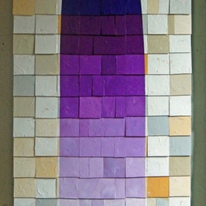 Image name: Waterfall. An image of a tiled purple waterfall surrounded by of white and beige tiles.  The Shingles Series is mixed-media; paint on PVC plastic and steel.
