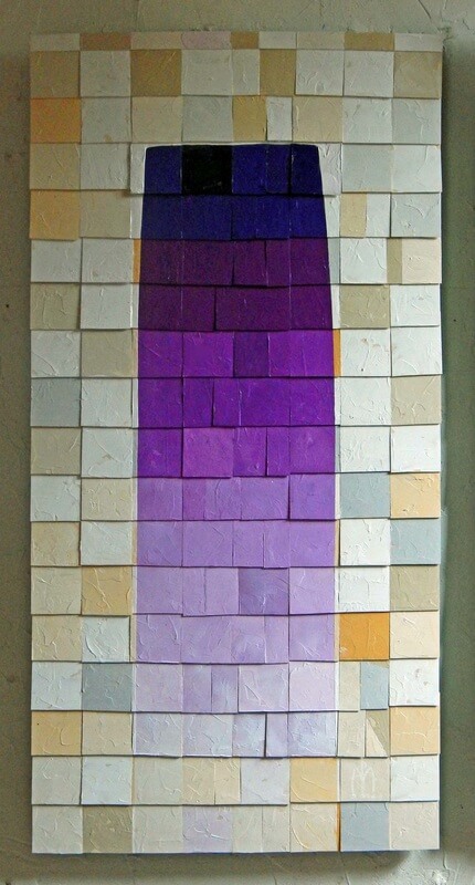 Image name: Waterfall. An image of a tiled purple waterfall surrounded by of white and beige tiles.  The Shingles Series is mixed-media; paint on PVC plastic and steel.