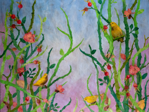 The Briar Series 5 is a 3'x5' collage on canvas depicting a colorful briar patch of green thorny branches against a purple and blue backdrop. Sprinkled throughout are yellow warblers, and pink and red flowers and buds.