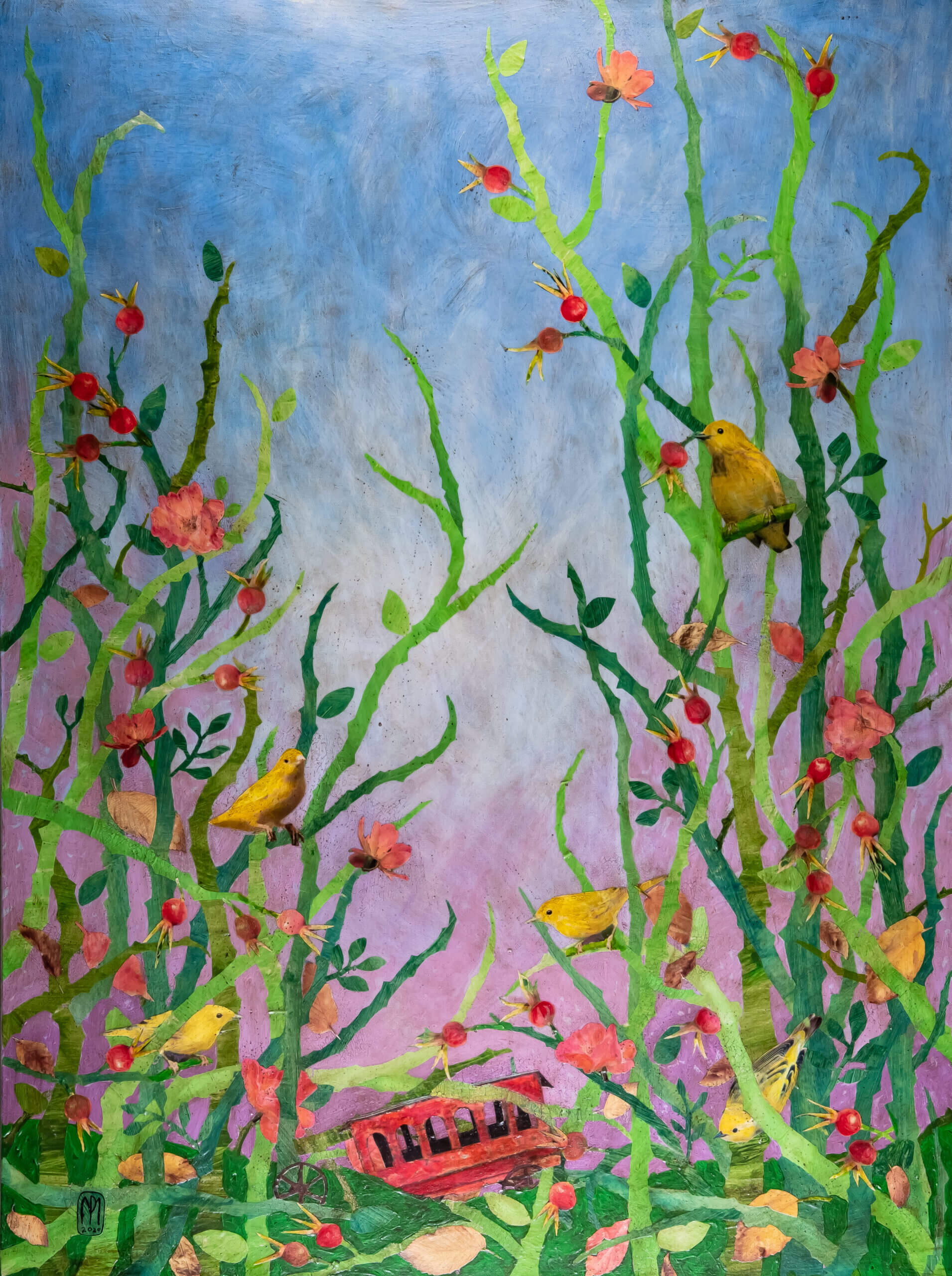 The Briar Series 5 is a 3'x5' collage on canvas depicting a colorful briar patch of green thorny branches against a purple and blue backdrop. Sprinkled throughout are yellow warblers, and pink and red flowers and buds.