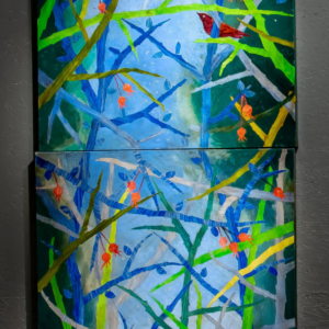The Briar Series 6 is a 8' x 3' collage on canvas depicting a colorful briar of blue and green branches, scattered throughout are bright orange and red flowers, along with red and black birds.