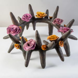 Photo of Amulet 2: 24” diameter Price: $900 (larger crown of thorns with orange and pink flowers)