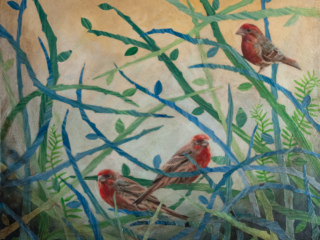 This mixed media art of Oklahoma born artist Paul Medina is painted paper and mixed media on canvas depicting three red breasted birds gathered among blue and green vines, branches, briars, and ferns