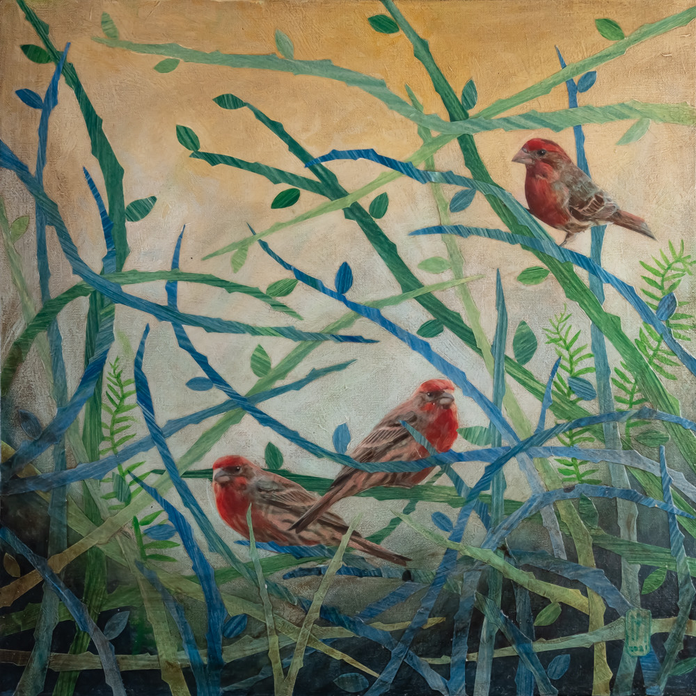 This mixed media art of Oklahoma born artist Paul Medina is painted paper and mixed media on canvas depicting three red breasted birds gathered among blue and green vines, branches, briars, and ferns