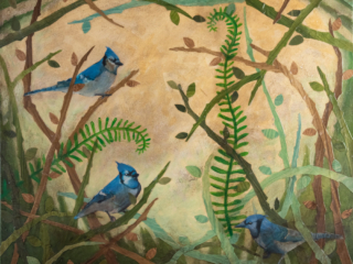 This mixed media art of Oklahoma born artist Paul Medina is painted paper and mixed media on canvas depicting 3 Blue Jays breasted birds gathered among brown and green vines, branches, briars, and ferns