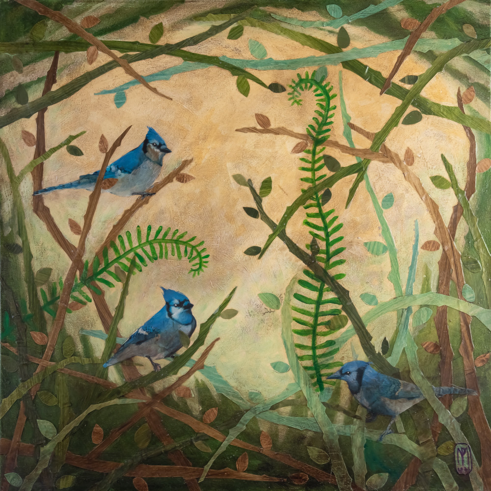 This mixed media art of Oklahoma born artist Paul Medina is painted paper and mixed media on canvas depicting 3 Blue Jays breasted birds gathered among brown and green vines, branches, briars, and ferns