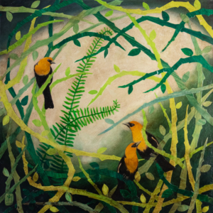 This mixed media art of Oklahoma born artist Paul Medina is painted paper and mixed media on canvas depicting 3 yellow hooded birds gathered among green vines, branches, briars, and ferns