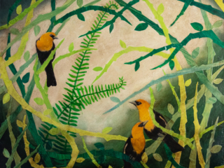 This mixed media art of Oklahoma born artist Paul Medina is painted paper and mixed media on canvas depicting 3 yellow hooded birds gathered among green vines, branches, briars, and ferns