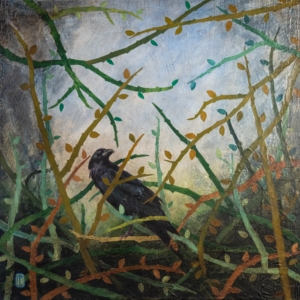 This mixed media art of Oklahoma born artist Paul Medina is painted paper and mixed media on canvas depicting a black bird among vines, branches, briars, and ferns of various shades of green and brown