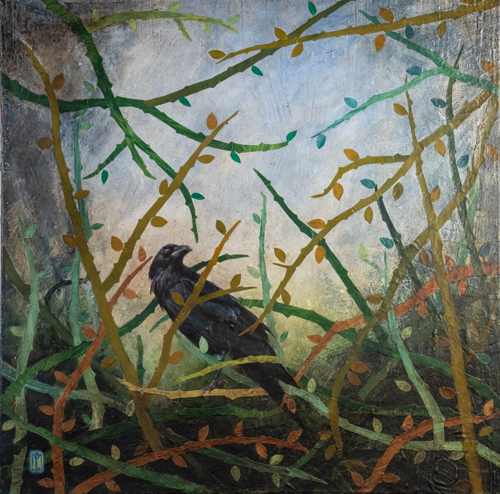 This mixed media art of Oklahoma born artist Paul Medina is painted paper and mixed media on canvas depicting a black bird among vines, branches, briars, and ferns of various shades of green and brown