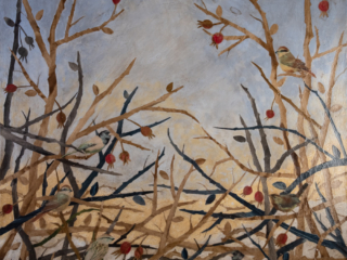 This mixed media art of Oklahoma born artist Paul Medina is painted paper and mixed media on canvas depicting six birds among vines, branches, and briars in various autumn shades of brown and red