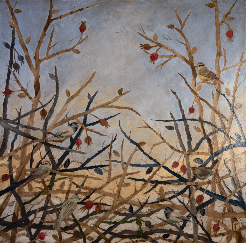 This mixed media art of Oklahoma born artist Paul Medina is painted paper and mixed media on canvas depicting six birds among vines, branches, and briars in various autumn shades of brown and red