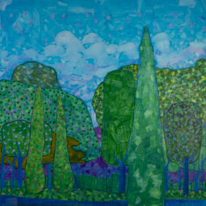 This mixed media art of Oklahoma born artist Paul Medina is painted paper and mixed media on canvas depcting a tree line with trees of various shapes and sizes in shades of blues and greens against a blue sky