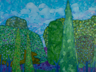 This mixed media art of Oklahoma born artist Paul Medina is painted paper and mixed media on canvas depcting a tree line with trees of various shapes and sizes in shades of blues and greens against a blue sky