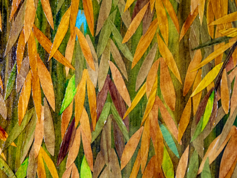 A close up view of a section of Wading Through The Willows is a 36&quot; x 36&quot; mixed media piece of  painted paper collage on canvas. It pictures a young woman with dark hair, wearing a yellow dress, surrounded by a drape of willow branches against a blue sky, surrounded by a thick drape of golden yellow and green willow branches against a blue sky.