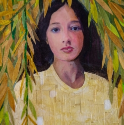 A close up view of a section of Wading Through The Willows is a 36" x 36" mixed media piece of  painted paper collage on canvas. It pictures a young woman with dark hair, wearing a yellow dress, surrounded by a drape of willow branches against a blue sky, surrounded by a thick drape of golden yellow and green willow branches against a blue sky.