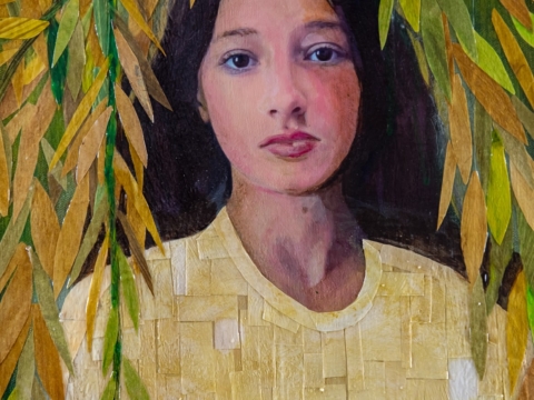 A close up view of a section of Wading Through The Willows is a 36&quot; x 36&quot; mixed media piece of  painted paper collage on canvas. It pictures a young woman with dark hair, wearing a yellow dress, surrounded by a drape of willow branches against a blue sky, surrounded by a thick drape of golden yellow and green willow branches against a blue sky.