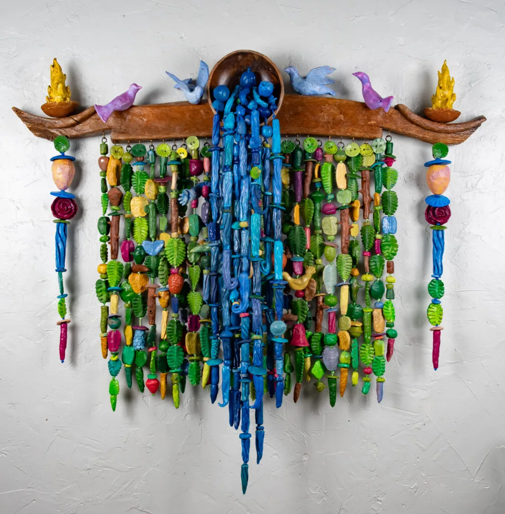 Mixed media on fired clay, wood, steel, copper, nylon cord...50"X53"X10"