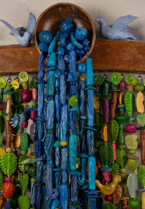 Mixed media on fired clay, wood, steel, copper, nylon cord...50"X53"X10" Mixed media on fired clay, wood, steel, copper, nylon cord...50"X53"X10